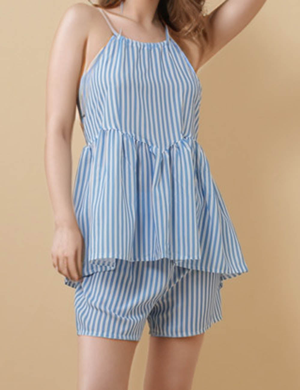 Ladies Stripe Halter Sleeveless Top & Shorts 2PCS Set 8SKST51348