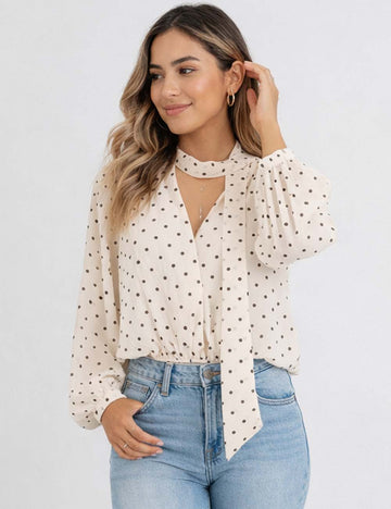 Ladies Chic Polka Dot Wrap V-Neck Chiffon Blouse