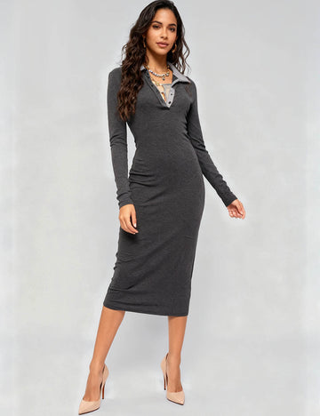 Ladies Color Block Button Hip Wrap Bodycon Knit Midi Dress