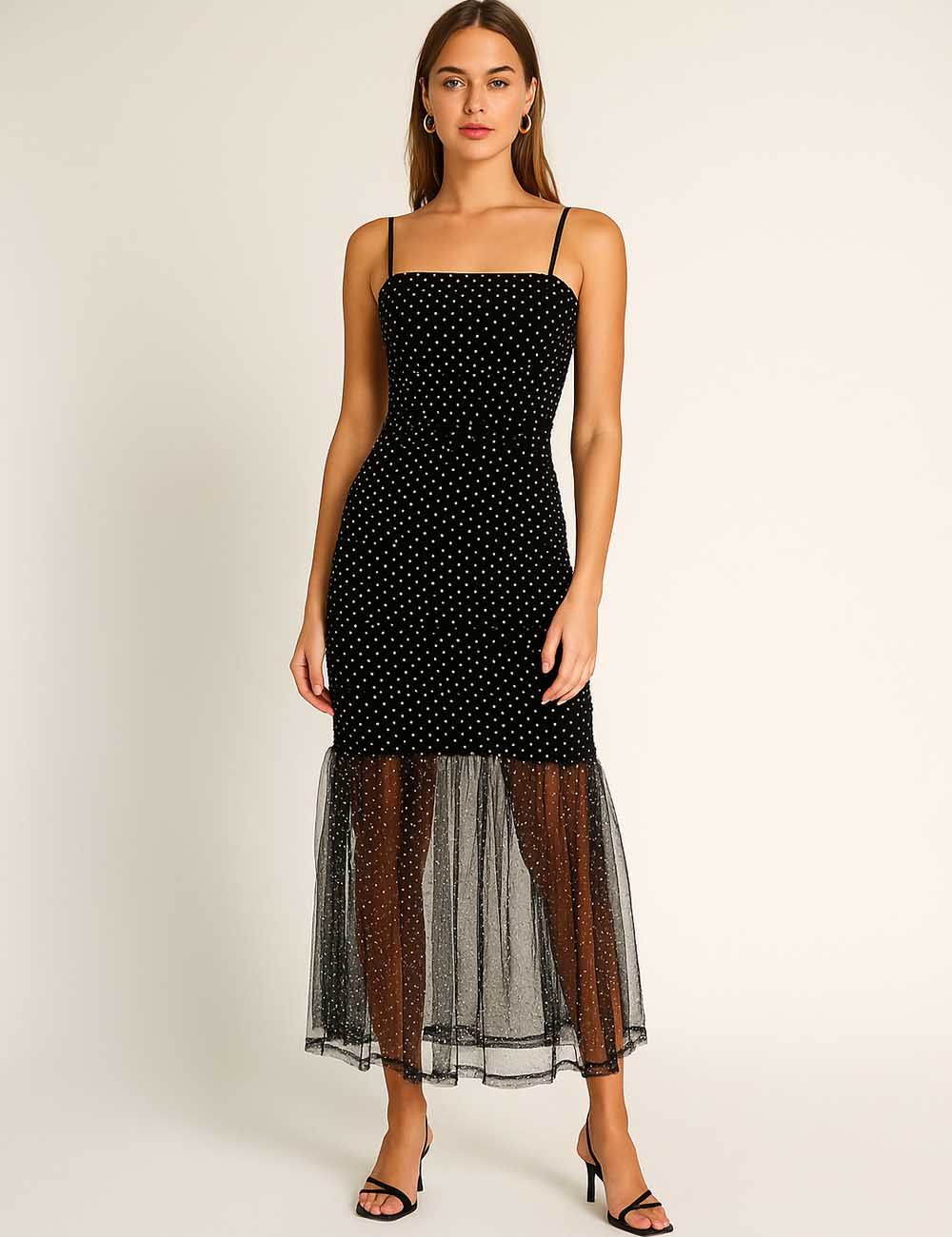 Ladies Polka Dot Bodycon Spaghetti Strap Sleeveless Maxi Dress