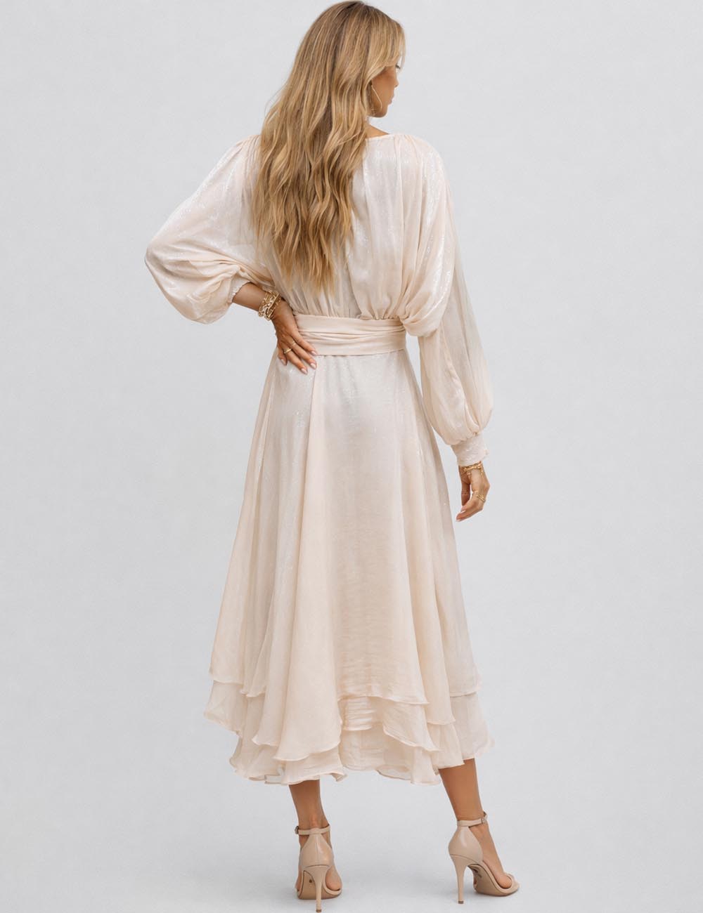 Ladies Chic Ruched Round Neck Tie Waist Long Sleeves Maxi Dress