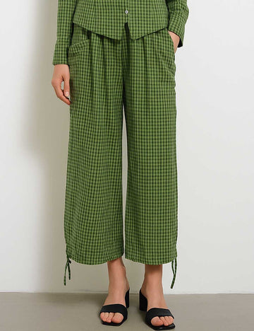 Ladies Checked Color Block Pocket Drawstring Wide Leg Pants
