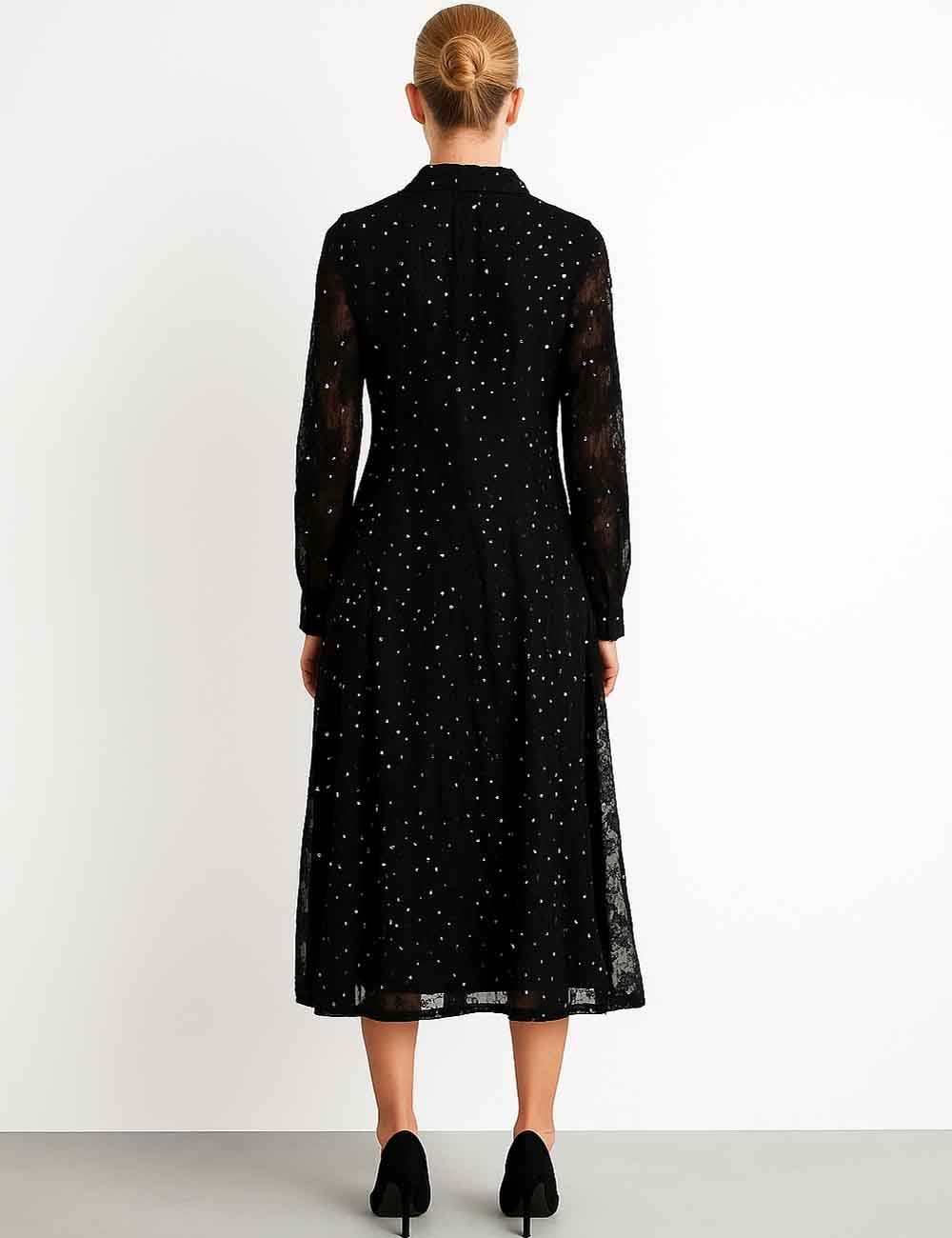 Ladies Embroidery Sequin Beading Turndown Collar Midi Dress