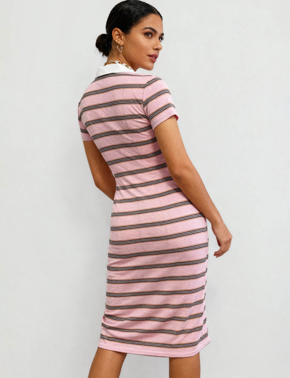 Ladies Contrast Collar V-Neck Striped Bodycon Mini Dress