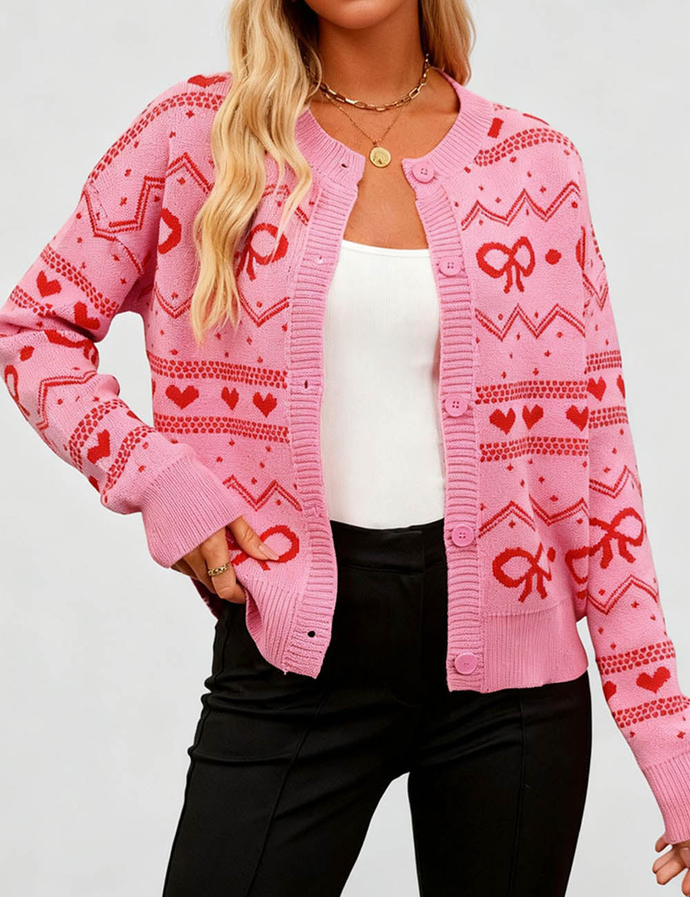 Ladies Valentine's Round Neck Button Heart Sweater Cardigan