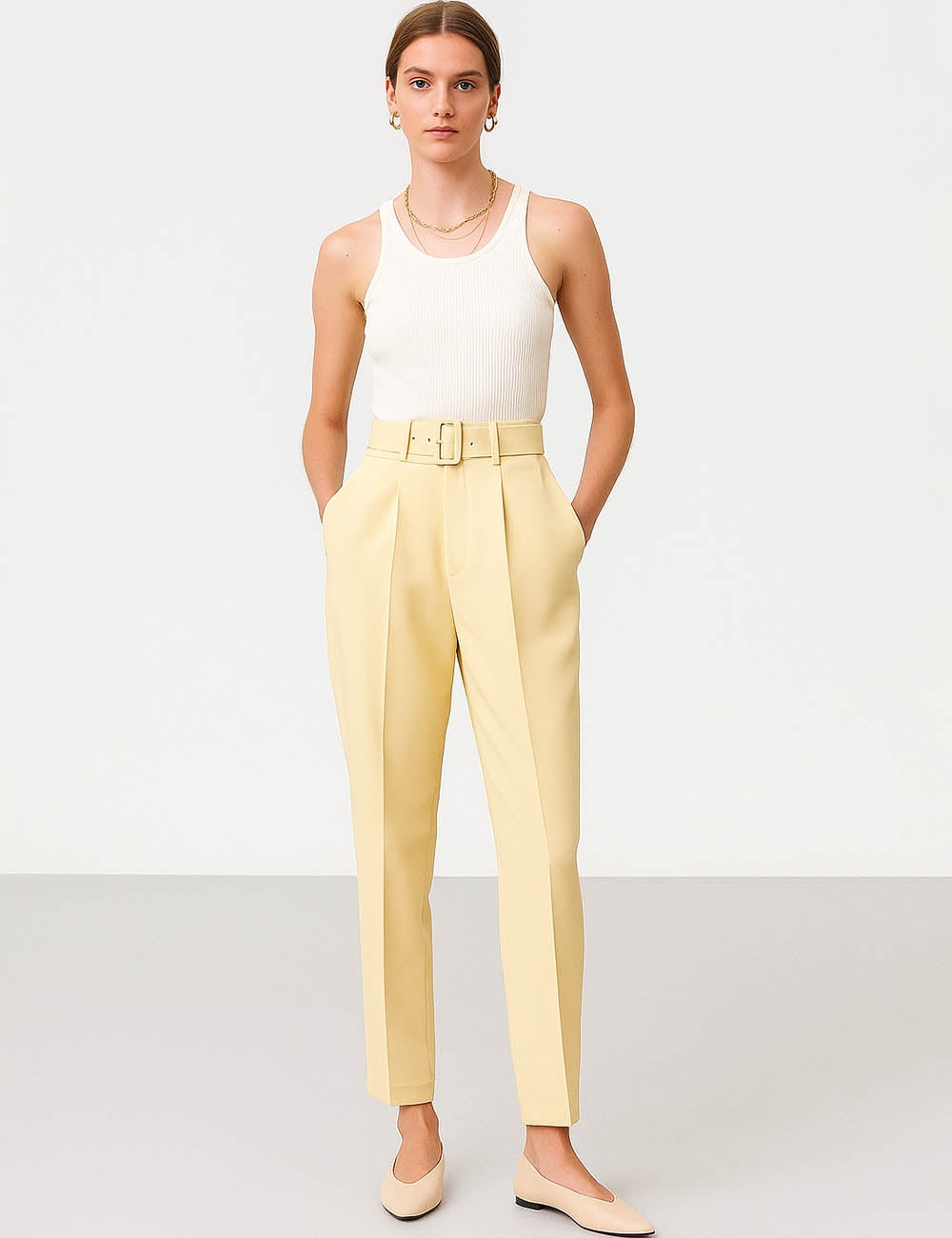 Ladies Solid Color Tailored Belted Waist Straight Leg Pants