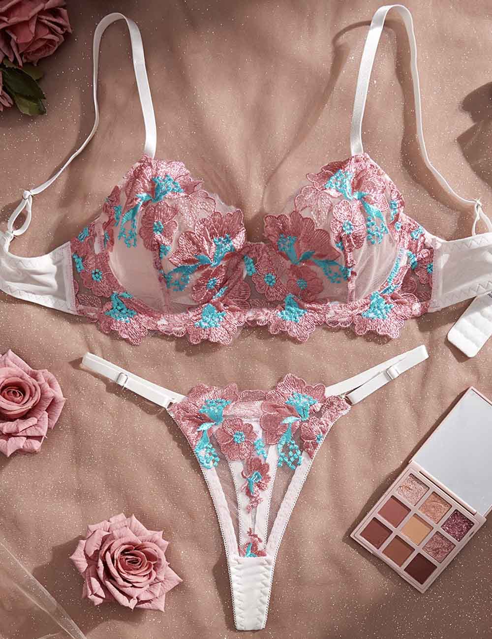 Ladies Floral Embroidery See Through 2PCS Lingerie Set 8XX0134