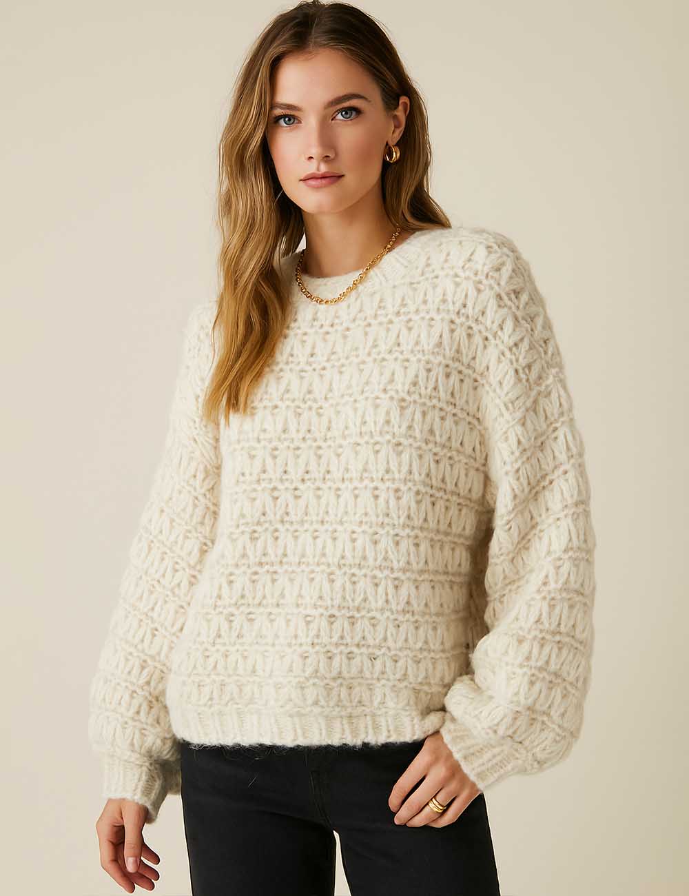 Ladies Chunky Knit Round Neck Balloon Sleeves Sweater Top