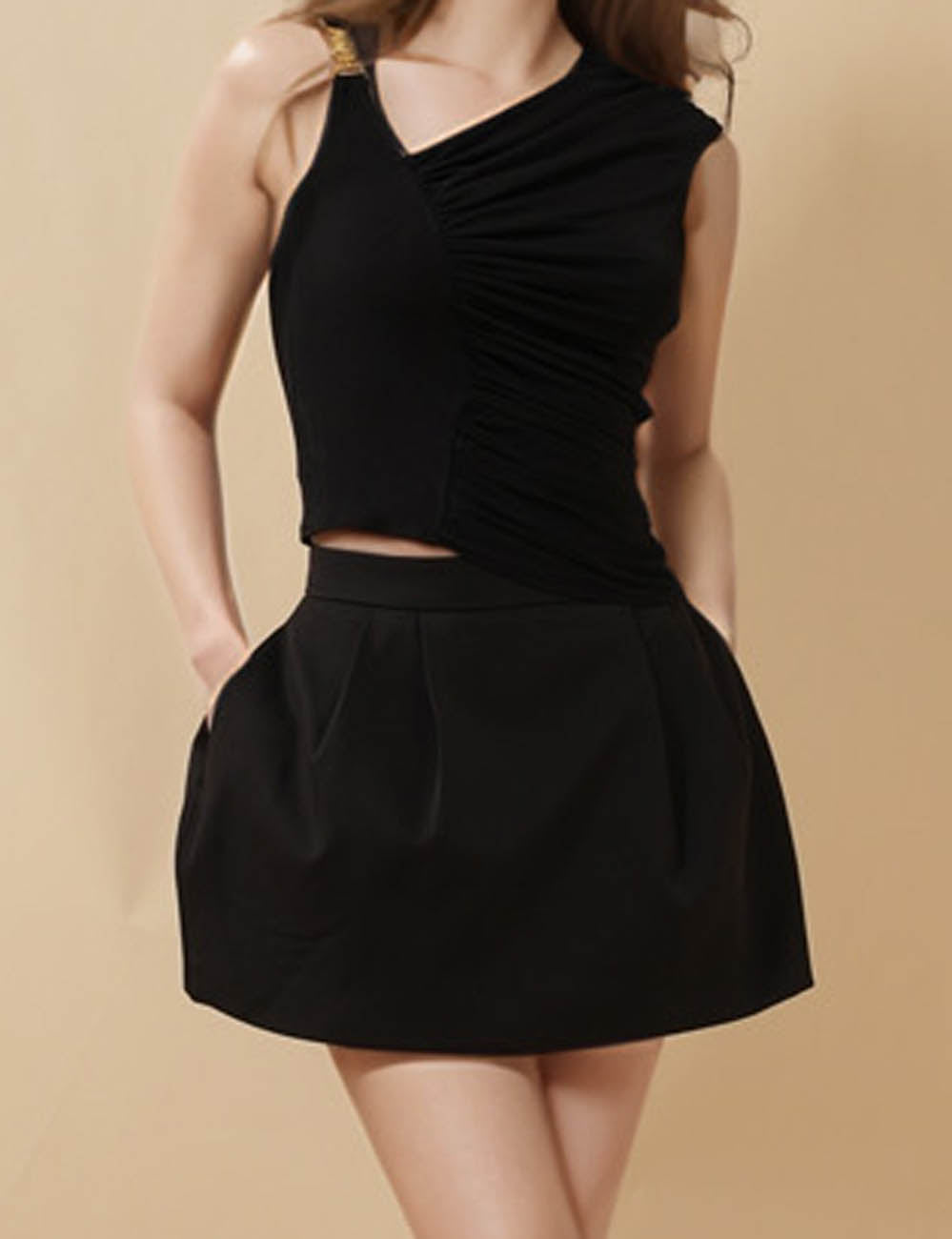 Ladies Solid Color One Shoulder Bud Layering Top & Skort Set