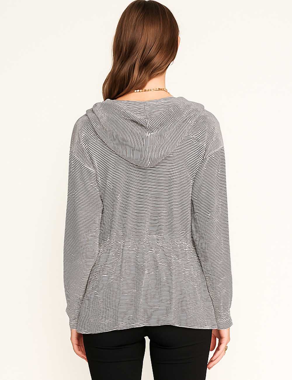Ladies Striped Hoodie Drawstring Hem Lightweight Sweatshirt