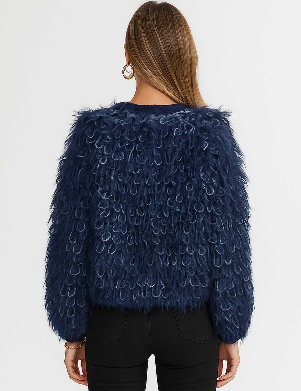 Ladies Loop Yarn Knit Round Neck Button Front Cardigan