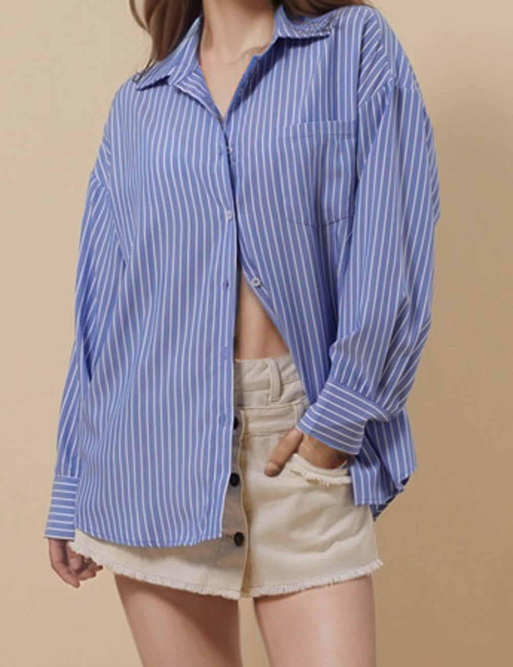 Ladies Striped Color Block Button Down Shirt 8SKT51161
