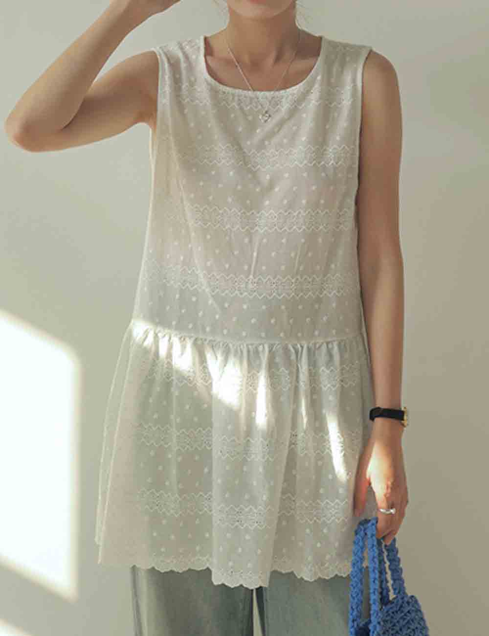 Ladies Jacquard Dot Floral Embroidery Sleeveless Babydoll Mini Dress