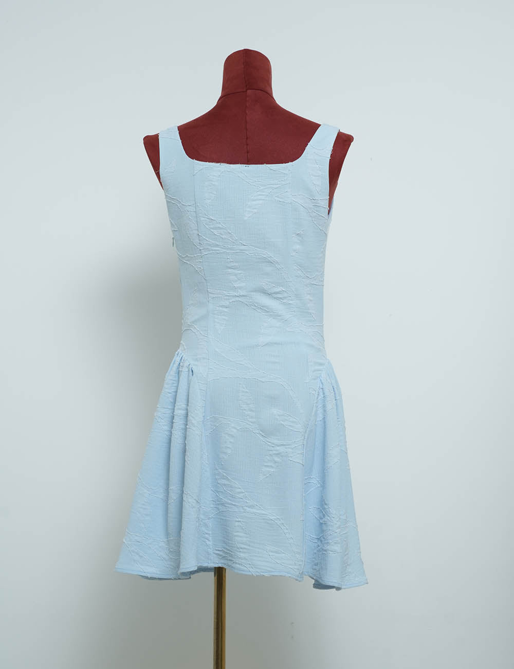 Ladies Leaf Jacquard Square Neck Strap Shoulder Button Mini Dress