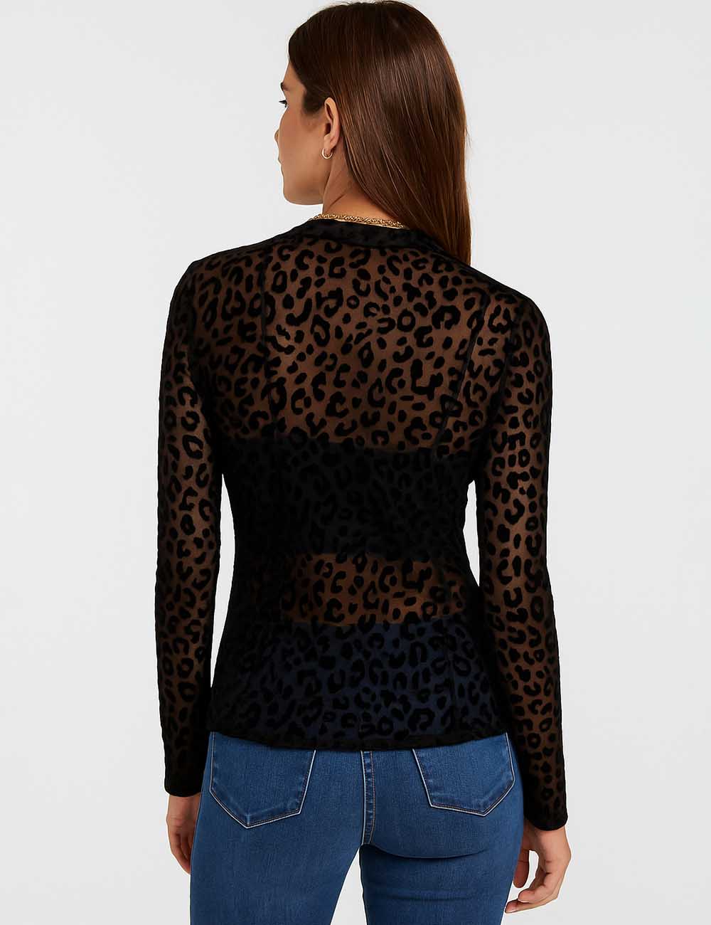 Ladies See Sheer Pullover Blouse Leopard Mesh Layring Top SKT4947