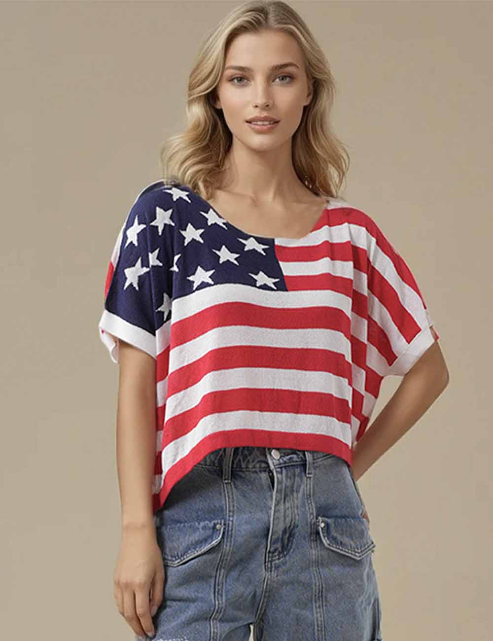 Ladies 4th of July Patriotic Short Sleeves Knit Top
