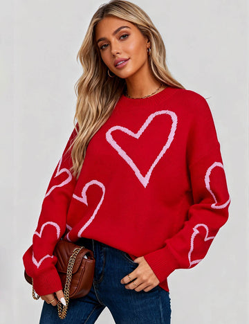 Ladies Valentine's Heart Pattern Round Neck Long Sleeves Sweater