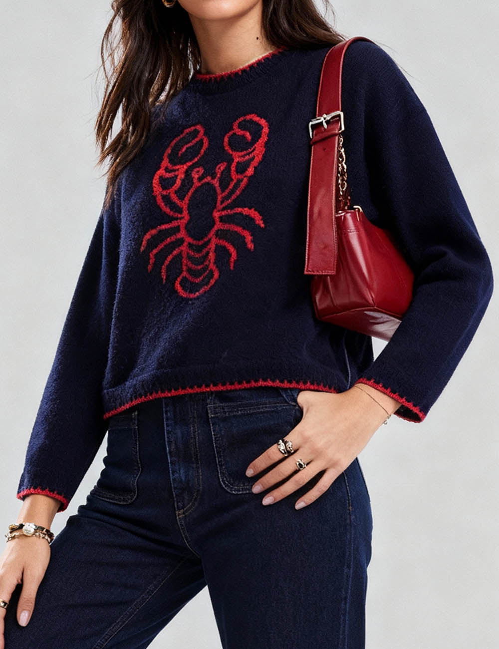 Ladies Color Block Crab Graphic Round Neck Sweater