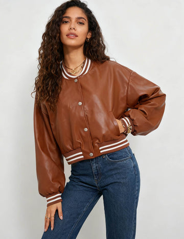 Ladies PU Leather Striped Collar Button Front Bomber Jacket