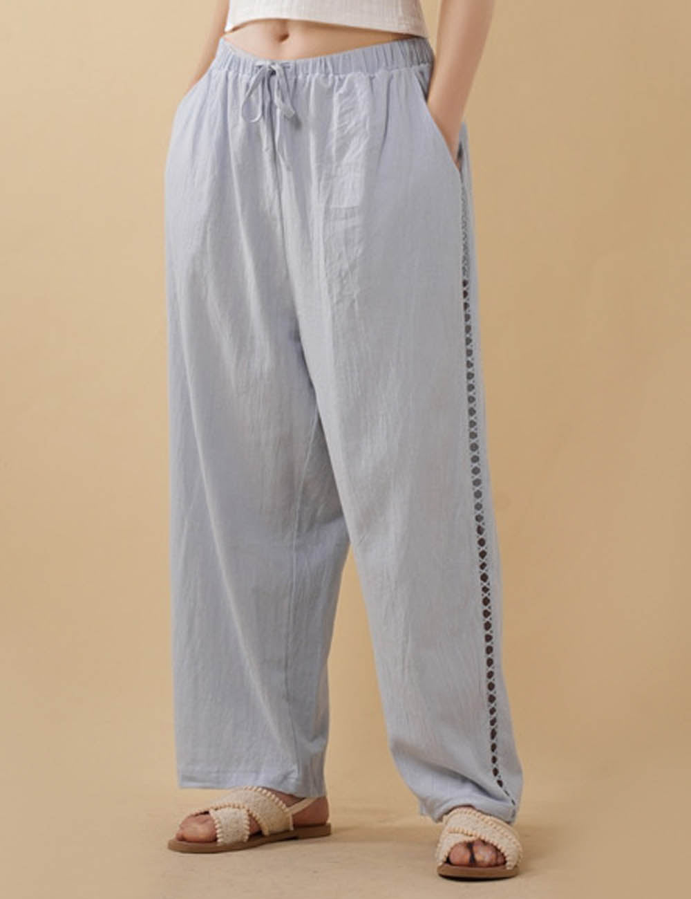 Ladies Solid Color Eyelets Straight Leg Pants 8SKP5CF