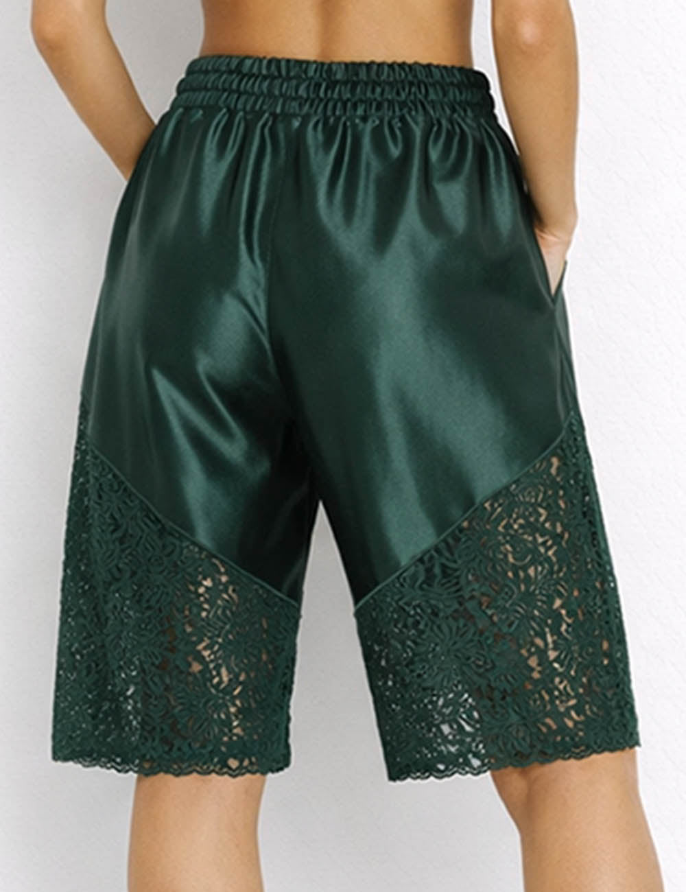 Ladies Boho Lace Panel Drawstring Waist Wide Leg Shorts