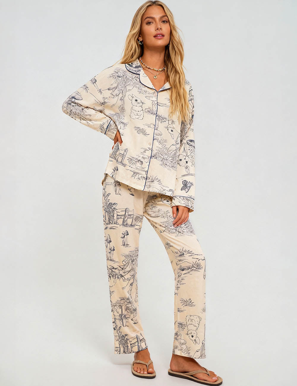 Ladies Toile Print Lapel Collar Shirt & Pants Lounge Set