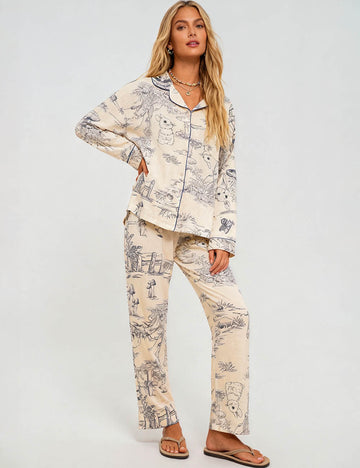 Ladies Toile Print Lapel Collar Shirt & Pants Lounge Set