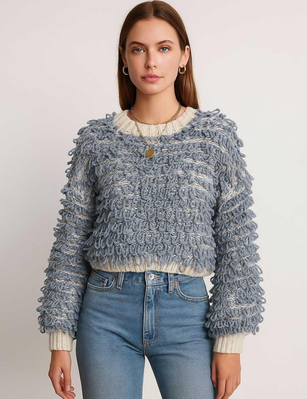 Ladies Loopy Knit Balloon Sleeves Cropped Sweater Top