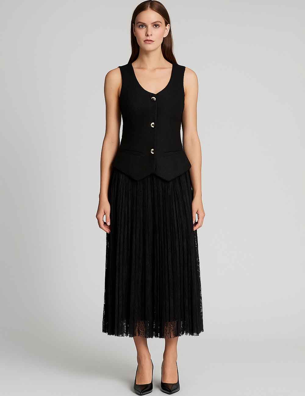 Ladies Square Neck Button Lace Splice Vest Top& Skirt Set