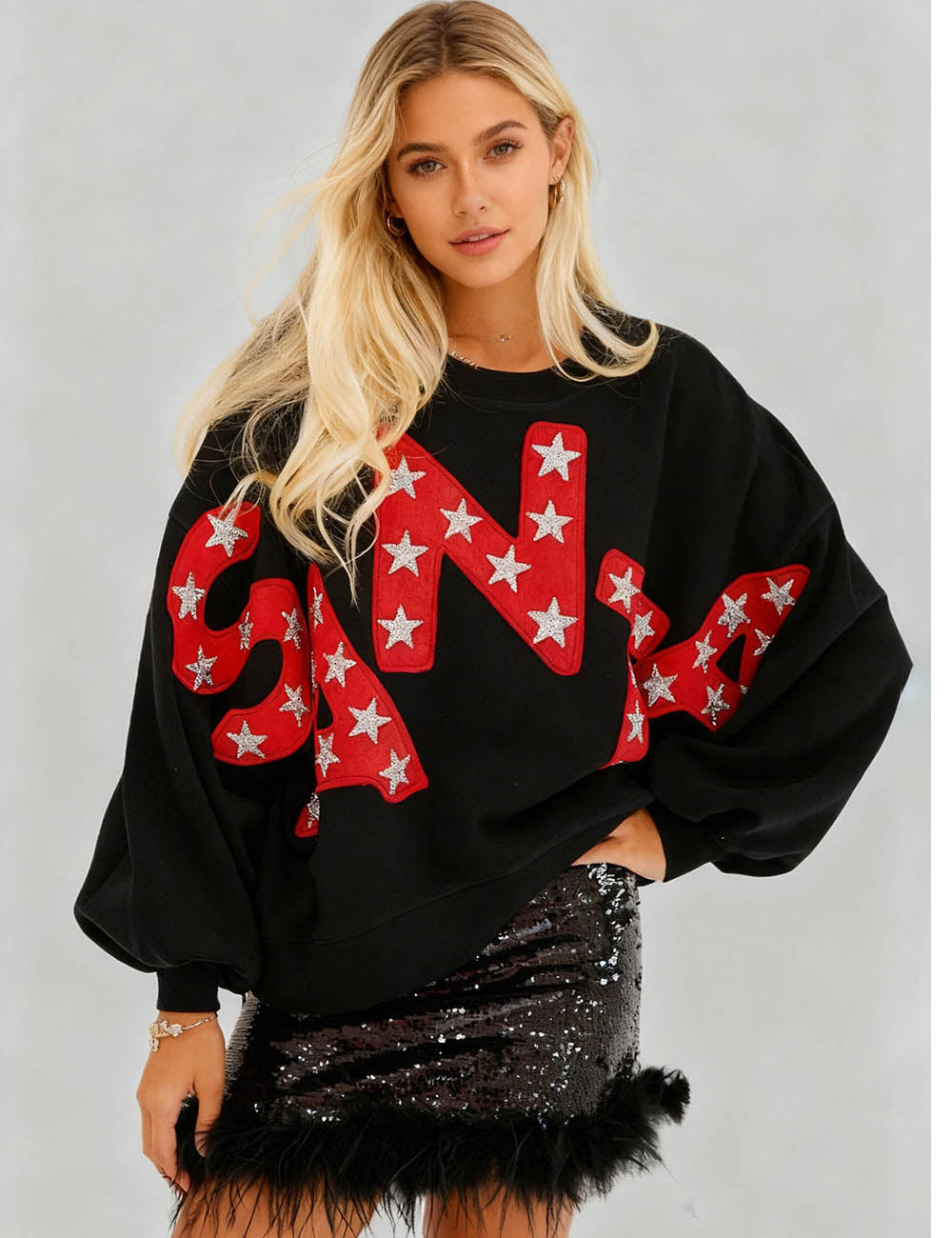 Ladies SANTA Letter Sequin Christmas Pullover Sweatshirt