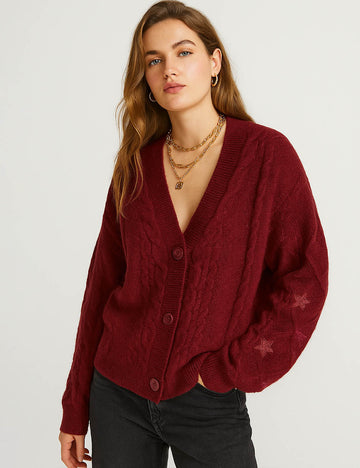 Ladies V-Neck Star Embroidery Button Front Knit Cardigan