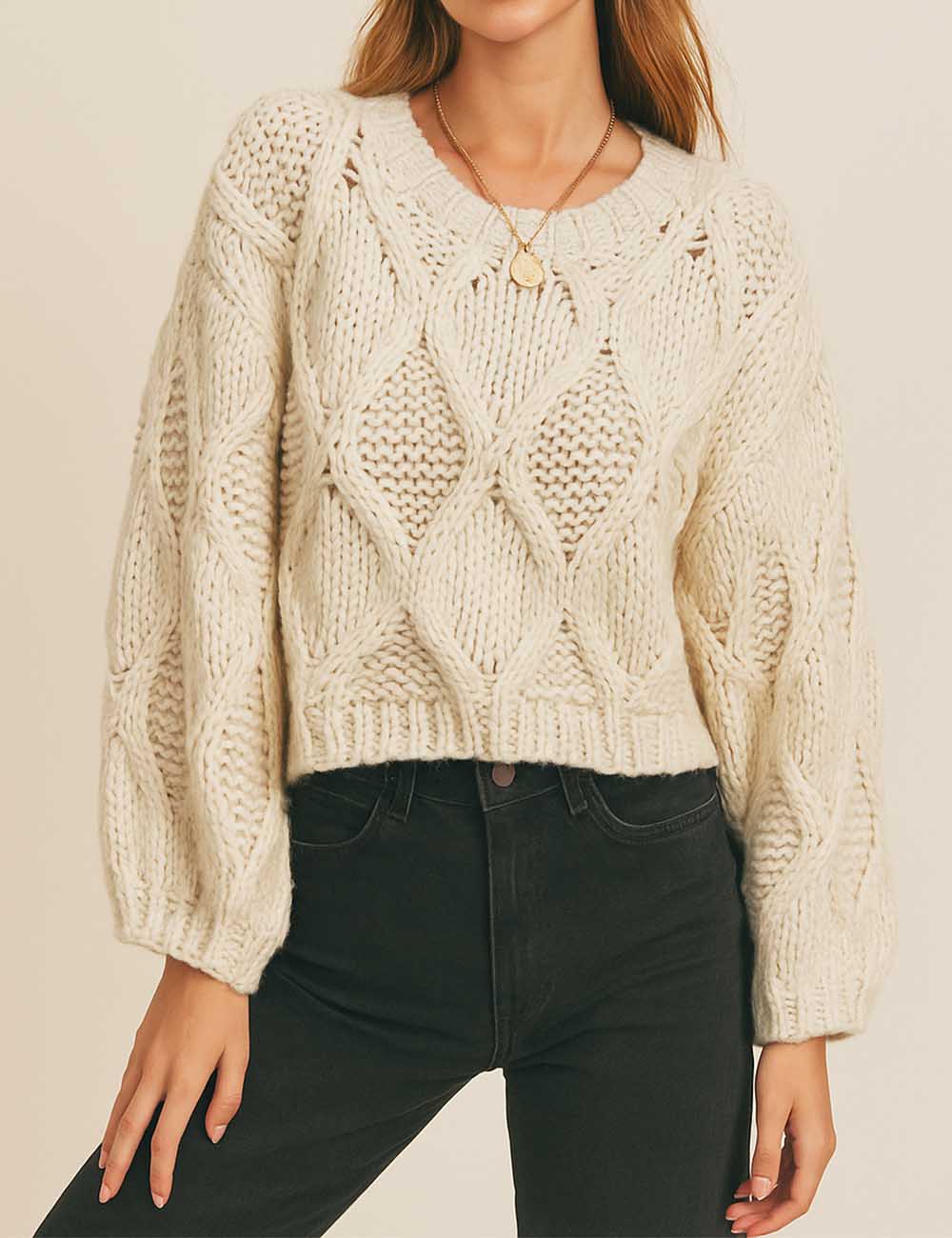 Ladies Chunky Diamond Pattern Round Neck Puff Sleeves Sweater