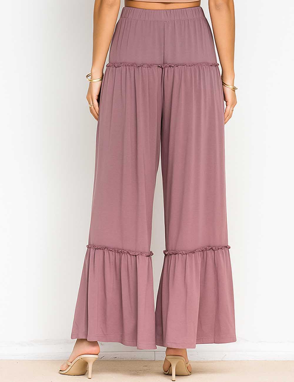 Ladies Stretch Ruched Ruffle Trim Flared Leg Pants