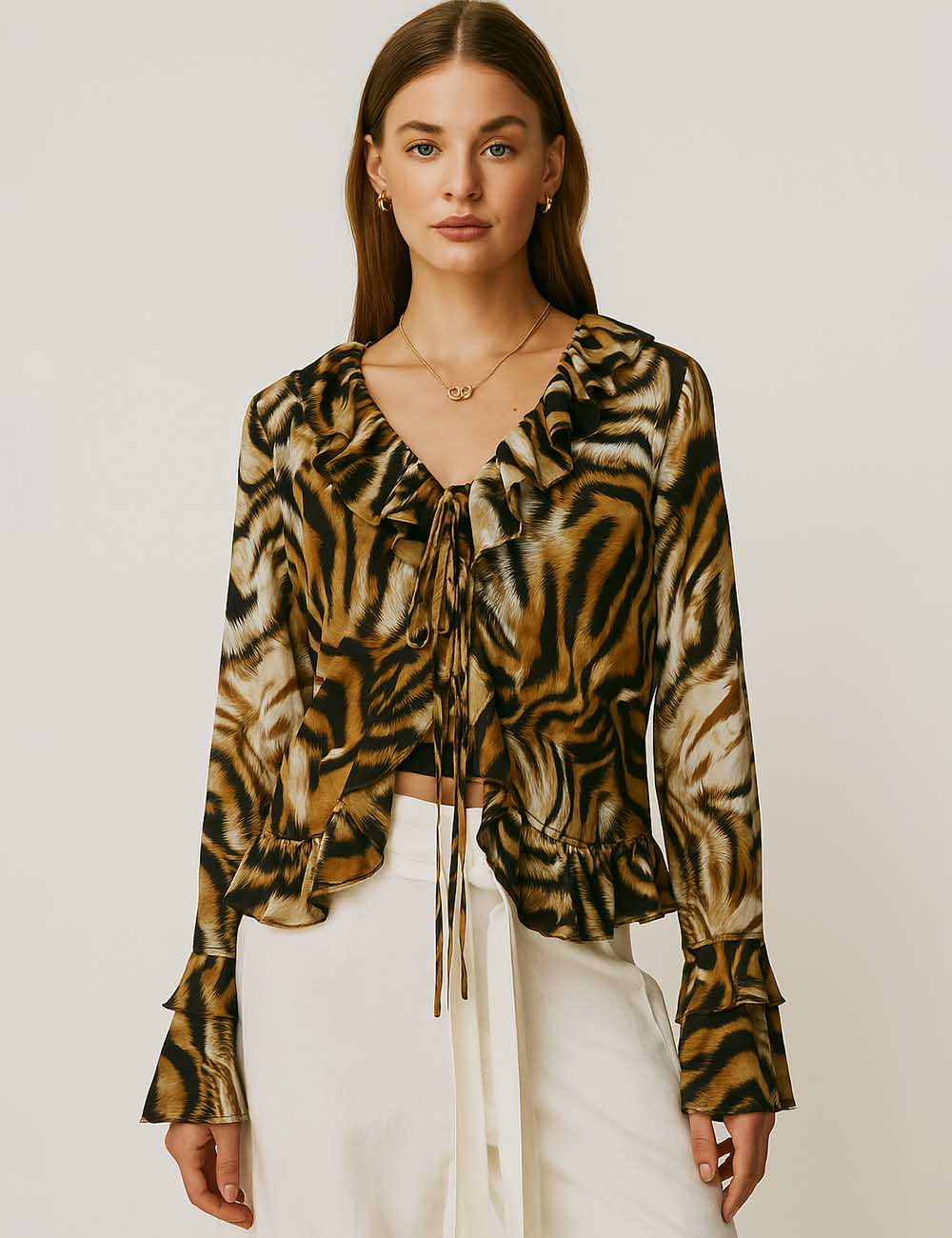 Women Tiger Striped V-Neck Long Sleeve Top Ruffle Blouse