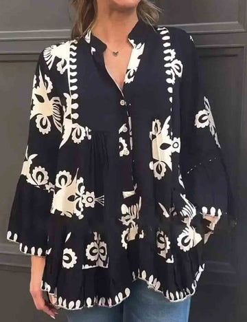 Ladies Tiered Printed Notched Long Sleeve Blouse