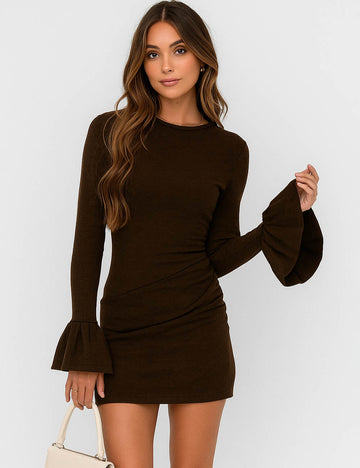 Ladies Solid Color Flared Sleeves Hip Wrap Mini Dress