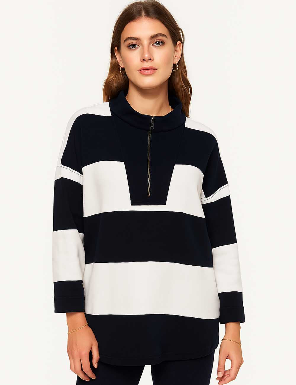 SKTX91 Ladies Zip Open Striped Pullover Sweatshirt