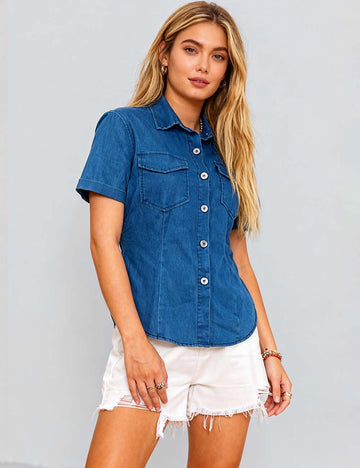Ladies Turndown Collar Button Short Sleeves Denim Shirt