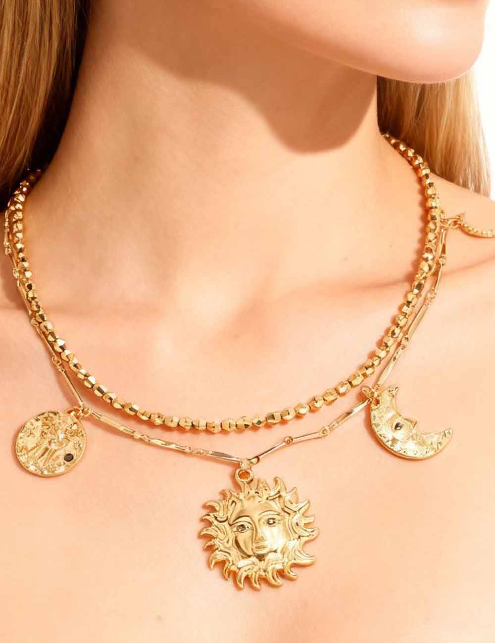 Ladies Sun and Moon Layered Pendant Boho Necklace