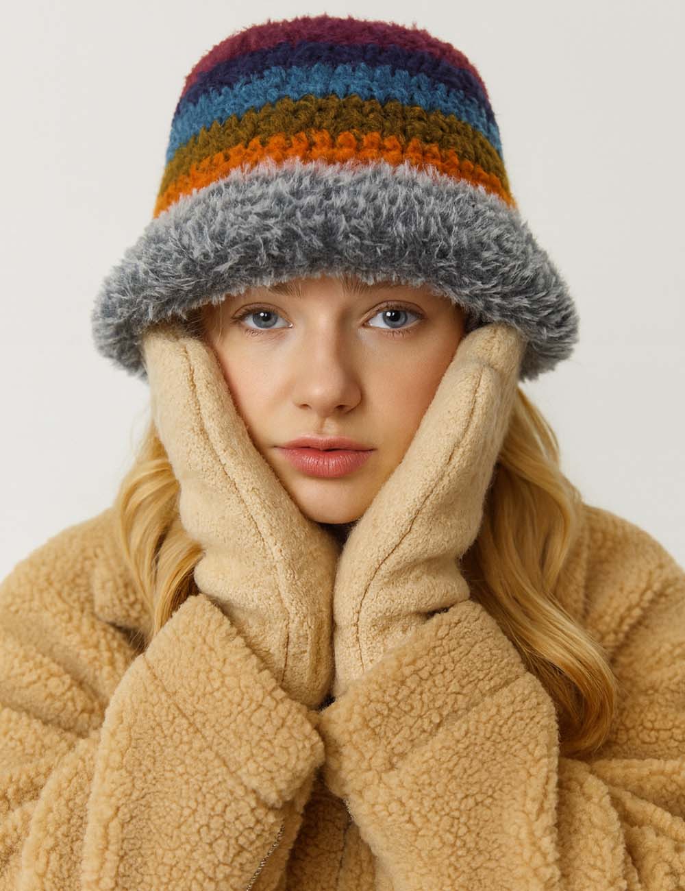 Ladies Multi Color Striped Plush Bucket Hat