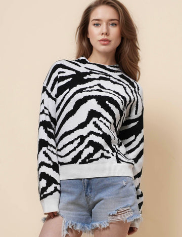 Ladies Zebra Knit Color Block Pullover Swearer SKT41156