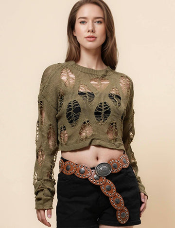 Ladies See Through Hallow Out Pullover Blouse Sweater SKT4975