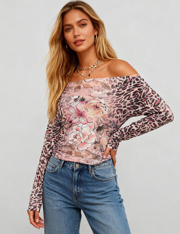 Ladies Floral Leopard Print Off-Shoulder Ruched Mesh Top