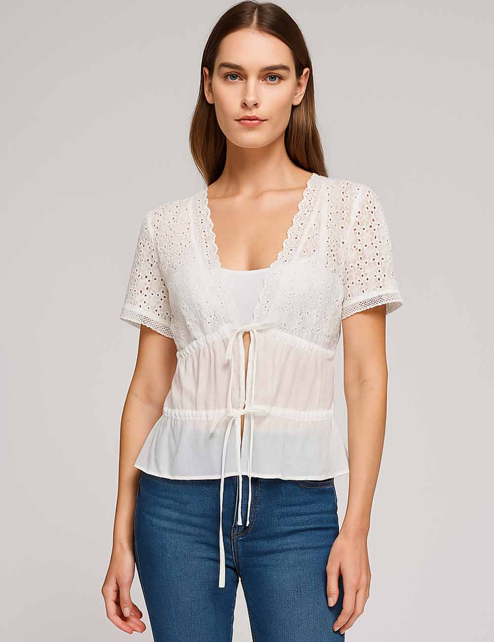 Ladies V-Neck Tie Front Floral Eyelet Lace Trim Top