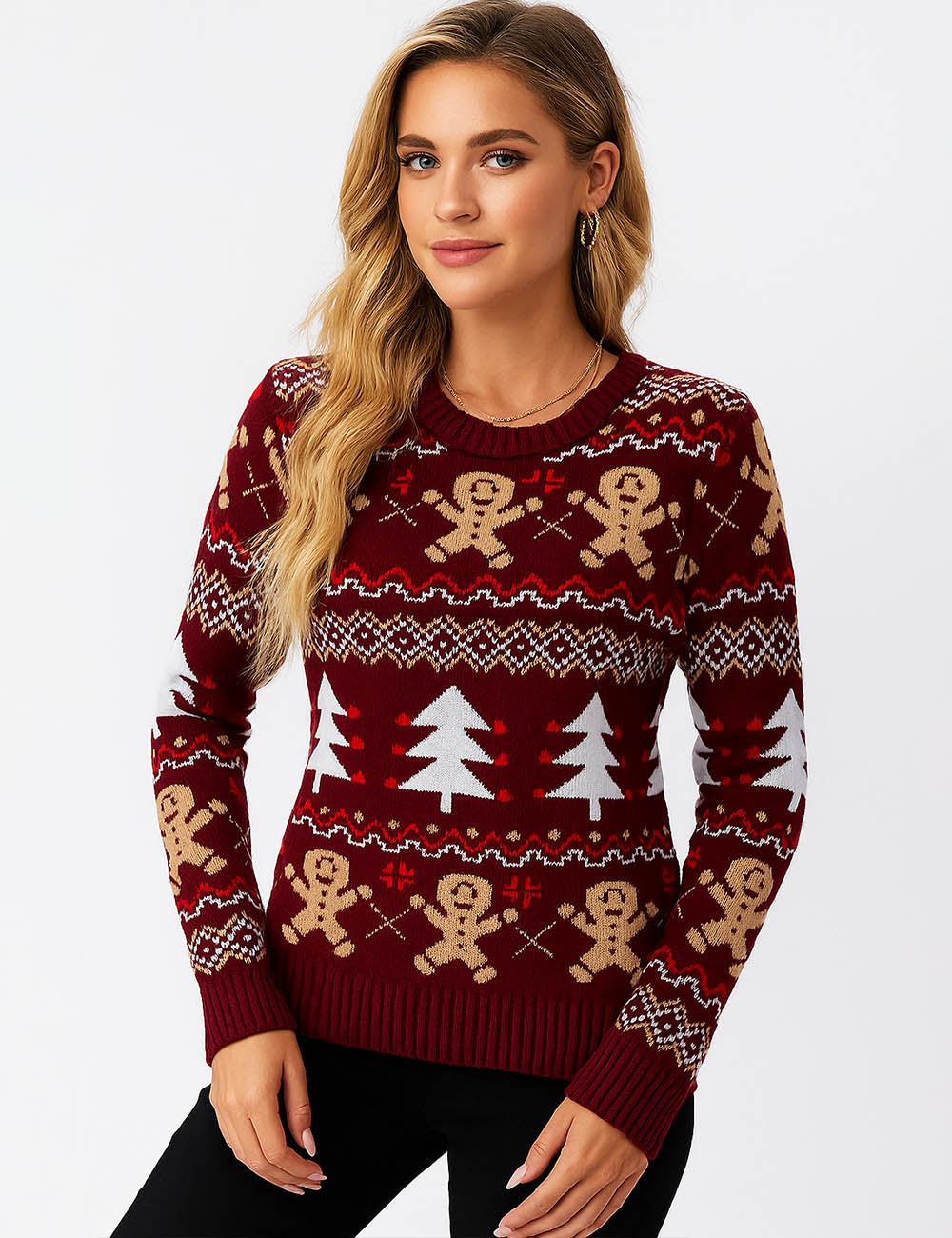 Ladies Multi Color Christmas Jacquard Pattern Pullover Sweater
