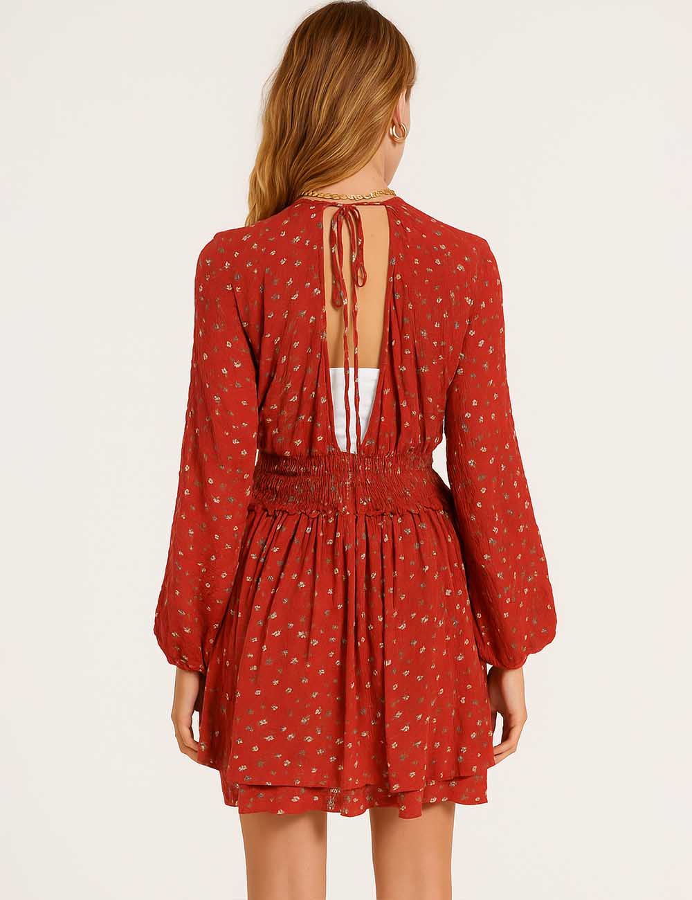 Women V-Neck Back Cut Out String Tie Floral Mini Dress