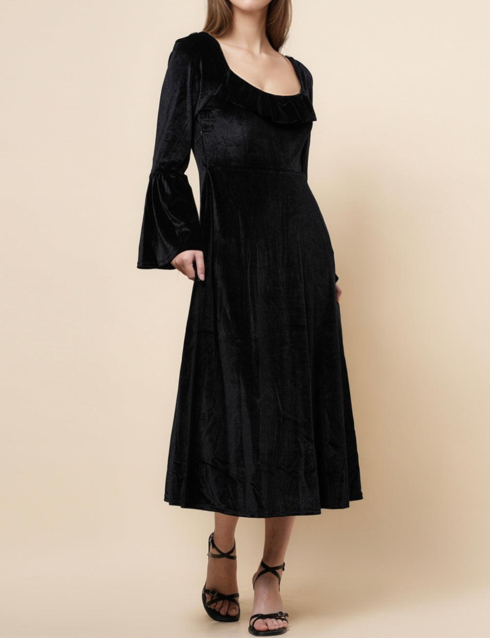 Ladies Elegant Velvet Square Neck Ruffle Sleeves Midi Dress SKD4900