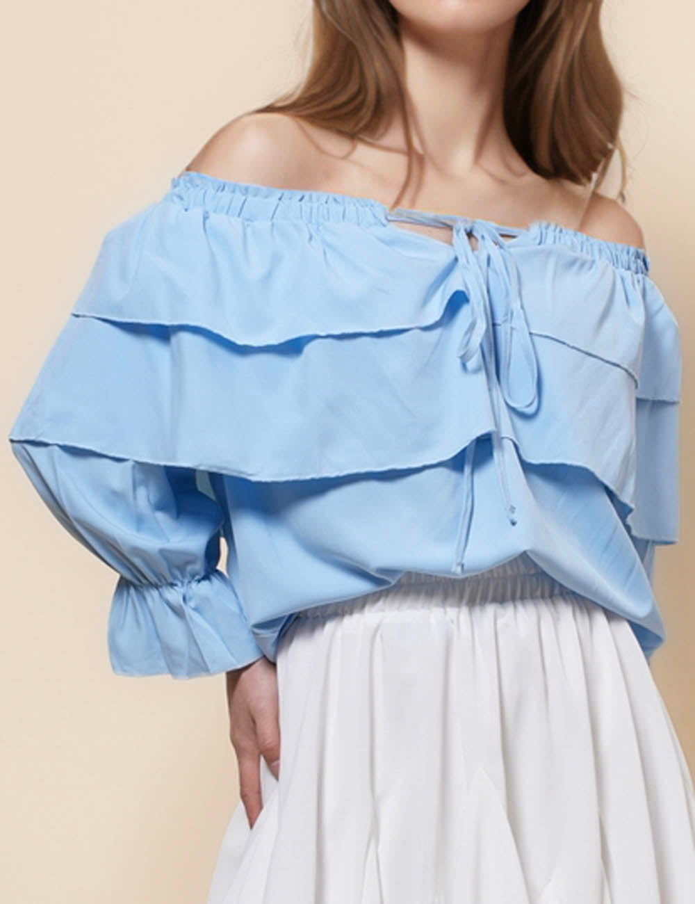 Off Shoulder Ruffle Long Sleeves Blouse Top SKT41243