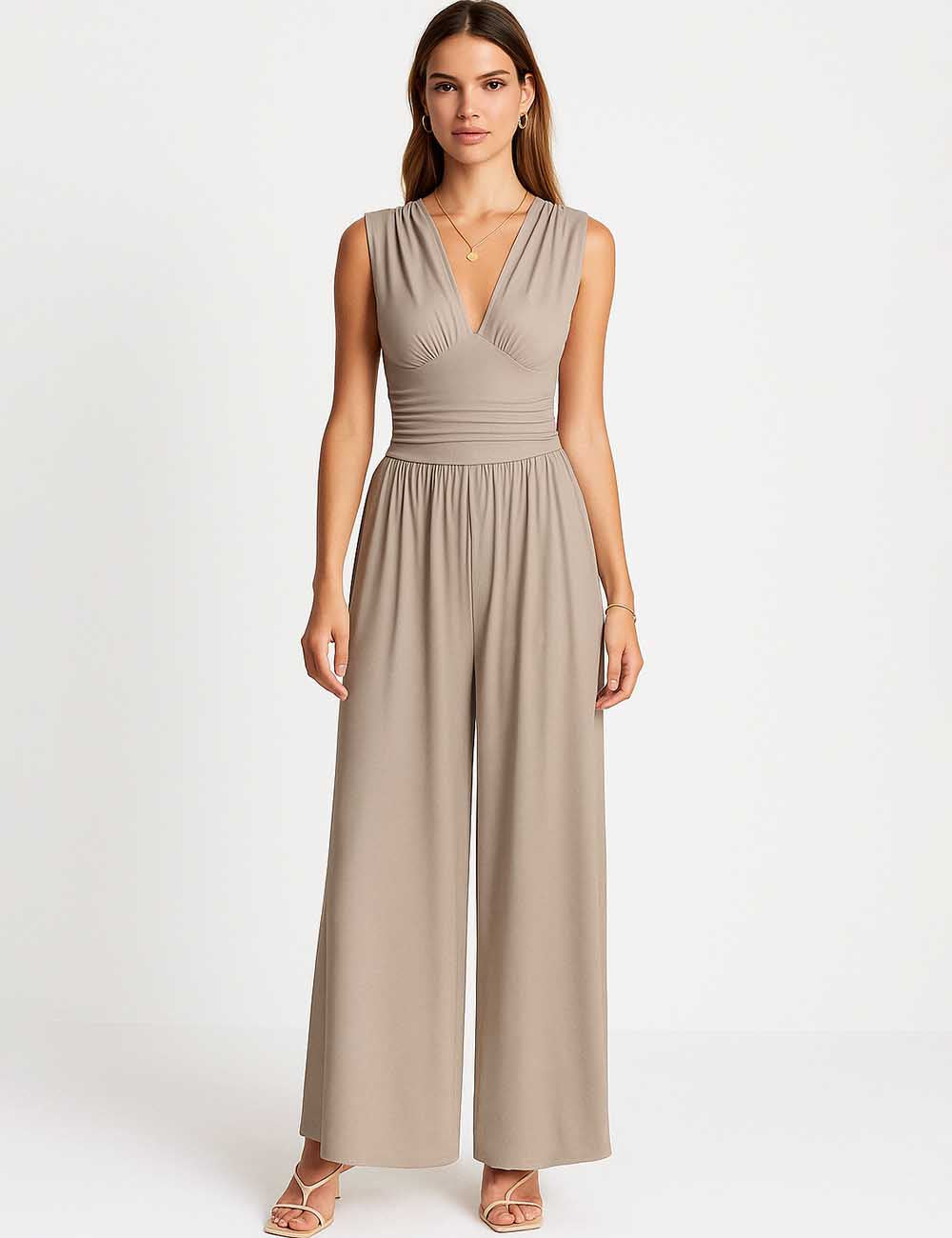 Ladies Ruched Deep V-Neck Sleeveless Wide Leg Jumpsuit