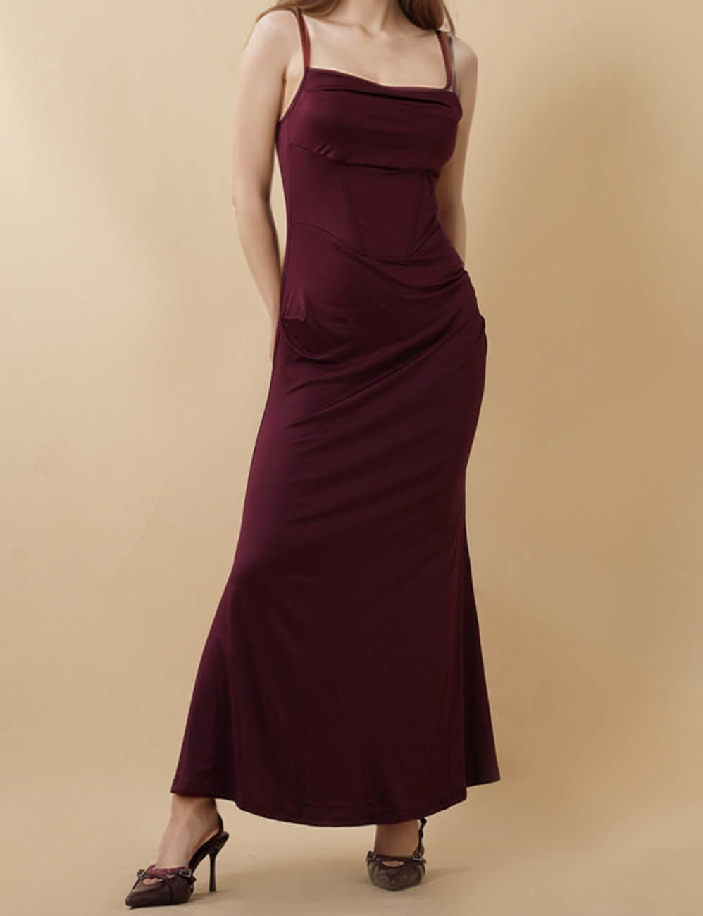 Ladies Solid Color String Shoulder Hip Wrap Mesh Maxi Dress